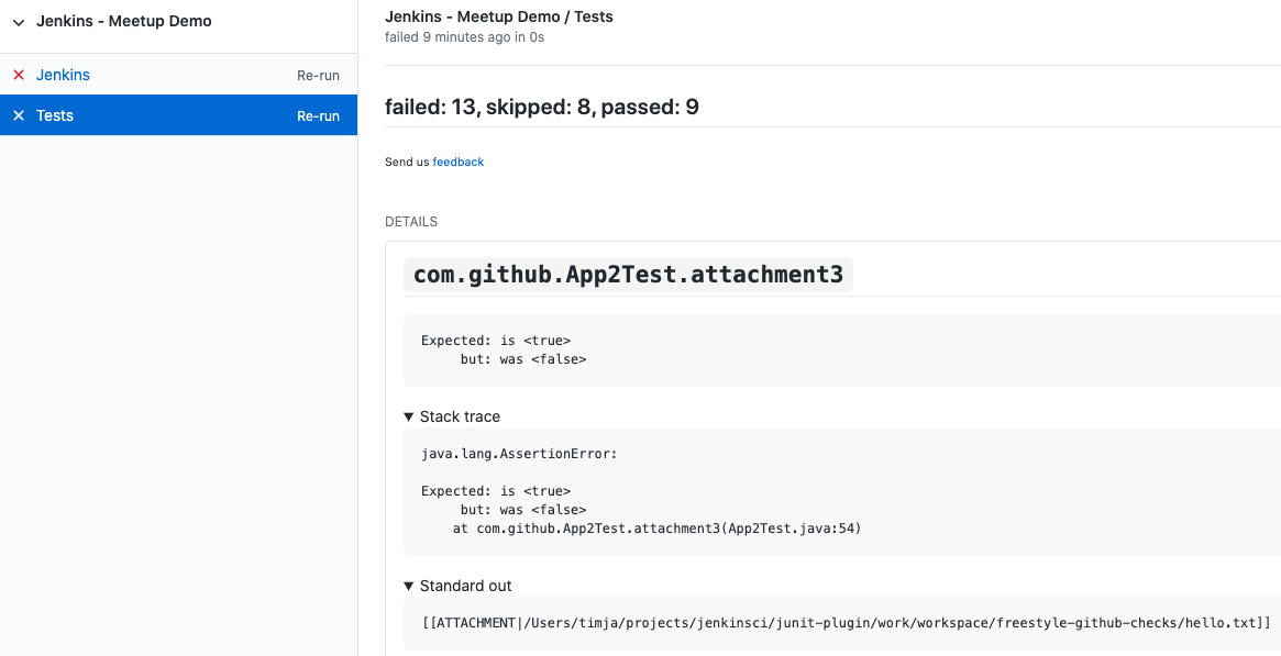 Screenshot of a JUnit report on PR Checks tab